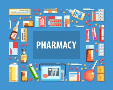 Eczane Sancak Şablonu, İlaç ve Sağlık Hizmetleri Posteri ve Tıbbi Malzeme Vektörü İllüstrasyonu