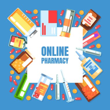 Çevrimiçi Eczane Banner Şablonu, İlaçlar ve Tıbbi Malzemeler Web Sayfası, Mobil Uygulama, Ana Sayfa Vektör Resimleri