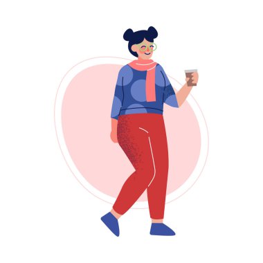 Çekici ve kahve fincanı olan bir kadın, güzel kıvrımlı, kilolu, modaya uygun giyinen bir kız, vücut pozitifliği olan bir vektör ilülasyonu.