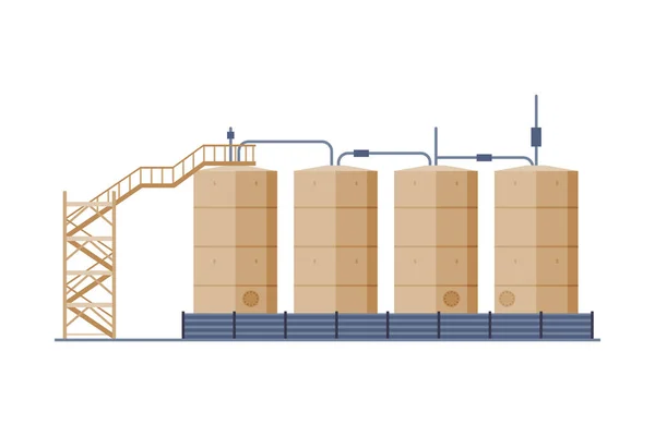 Merdiven, Benzine, Yakıt Silindirleri, Depolama Rezervuarları, Benzin ve Petrol Üretim Endüstrisi Flat Style Vector Illustration — Stok Vektör