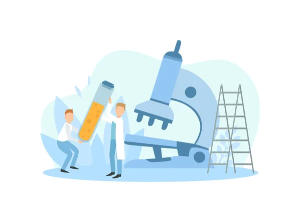 Médicos diminutos Científicos que trabajan con microscopio enorme, ilustración del vector del laboratorio químico de la investigación — Vector de stock