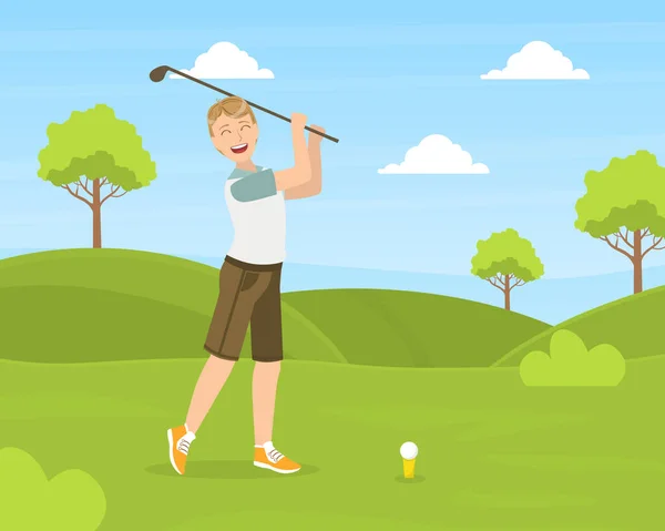 Männlicher Golfer trainiert mit Golfclub auf Kurs, junger Mann macht körperliche Aktivität im Freien Vektor Illustration — Stockvektor