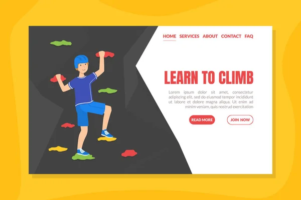 Learn to Climb Landing Page Template, Guy Climbing in Adventure Park, Physical Activity and Sports Vector Illustration — Stock Vector