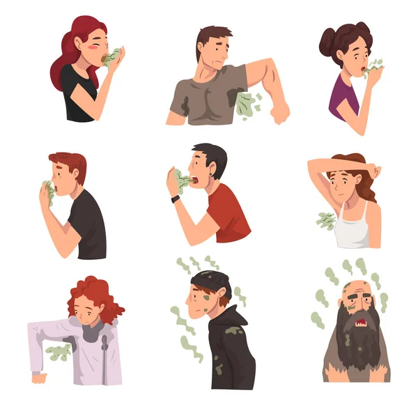 Bad Smelling People Collection, Férfiak és nők, akiknek rossz a lehelete és a személyes higiéniai problémák vektor illusztráció — Stock Vector