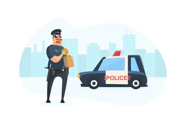 Polis Karakteri Polis arabasının yanında duruyor ve Burger Vector Illustration yiyor. — Stok Vektör
