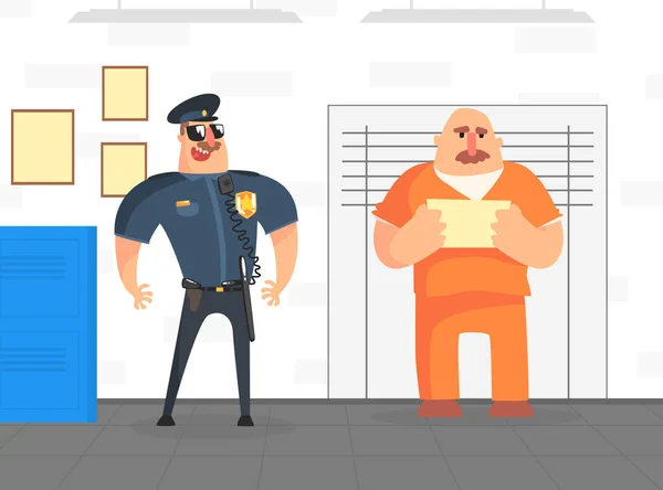Preso posando para policía fusilado en uniforme naranja, Departamento de Policía Interior Vector Ilustración — Archivo Imágenes Vectoriales