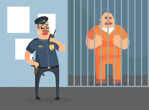 Gevangeniscel met Gevangene in Oranje Uniform en Politieagent, Politie Departement Binnenlandse Vector Illustratie — Stockvector