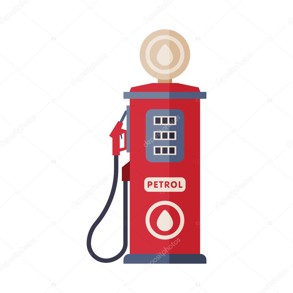 Red Gas Station Pump, Gasoline and Petroleum Industry Equipment Flat Style Vector Illustration on White Background