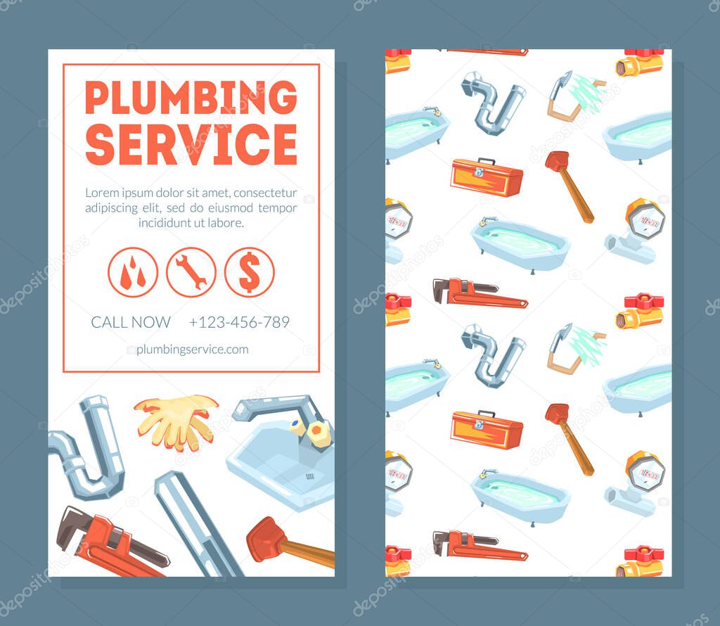 Plumbing Service Business Card Template, Professional Plumber or Handyman, Flyer, Poster or Banner Vector Illustration
