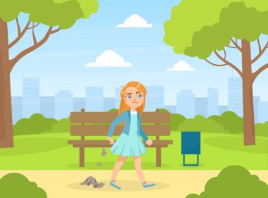 Parkta Zorba Kız Çöplüğü, Saldırgan Çocuklar Kontrol Edilemez Davranış Çizgi Filmi Vektör İllüzyonu