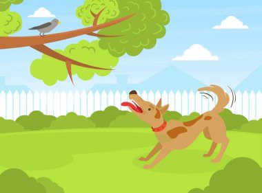 Yaz Parkı 'ndaki kuşa havlayan köpek Güzel Yaz Manzarası Düz Vektör İllüstrasyonu