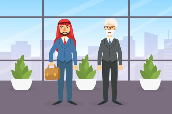 Empresários árabes e europeus que se reúnem no escritório no fundo da paisagem urbana com arranha-céus, parceria, reunião de negócios ilustração vetorial plana — Vetor de Stock