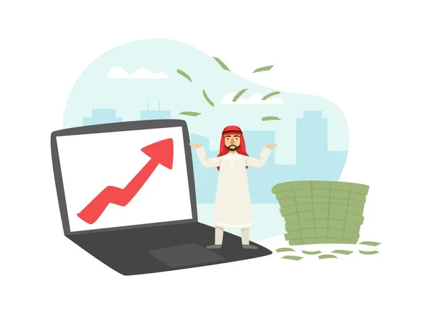 Liten Framgångsrik Arabisk Affärsman Står framför Enorma Bärbar Dator med Uppstigande Diagram och högen av dollarsedlar Platt vektor Illustration — Stock vektor