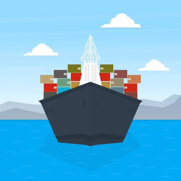 Frontansicht von Frachtschiff Container, Seeschifffahrt Güterverkehr, Frachtlogistik Flat Vector Illustration — Stockvektor