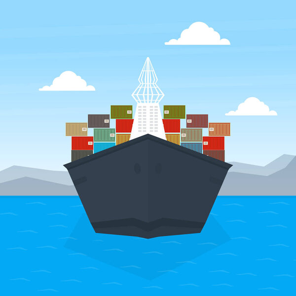 Front View of Cargo Ship Container, Maritime Shipping Freight Transportation, Cargo Logistics Flat Vector Illustration