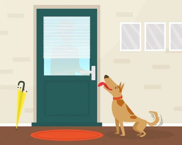 Cão feliz bonito encontrando seu proprietário na ilustração plana do vetor da porta — Vetor de Stock