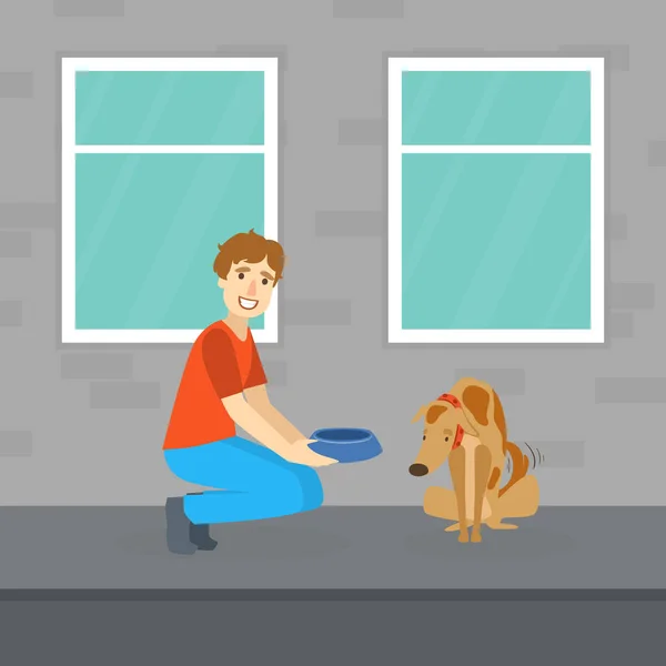 Smiling Man Feeding Homeless Dog on the Street Flat Vector Illustration — Stock Vector