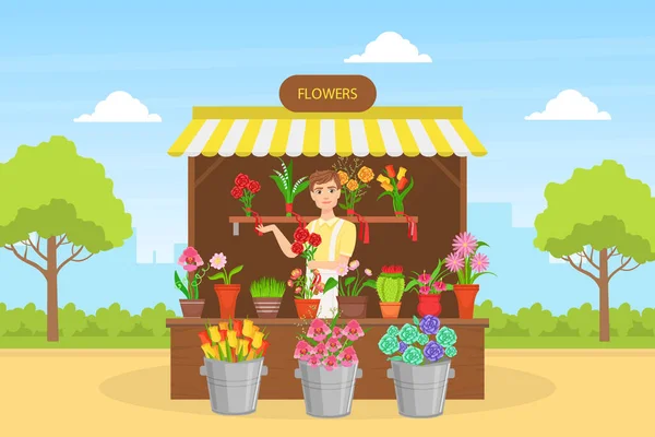 Glada ung man Florist i förkläde Sälja buketter av blommor på Utomhus Blomma Butik Flat Vector Illustration — Stock vektor