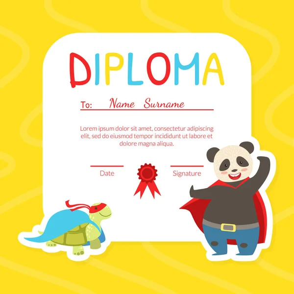 Kids Diploma Template with Place For Your Text, Preschool, Kindergarten Children Certificate with Cute Superhero Animals Vector Illustration . — Stock Vector