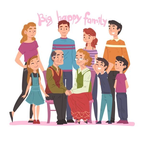 Big Happy Family Portrait, Několik generací posing Together, prarodiče, matka, otec a děti Cartoon Style Vector Illustration — Stockový vektor
