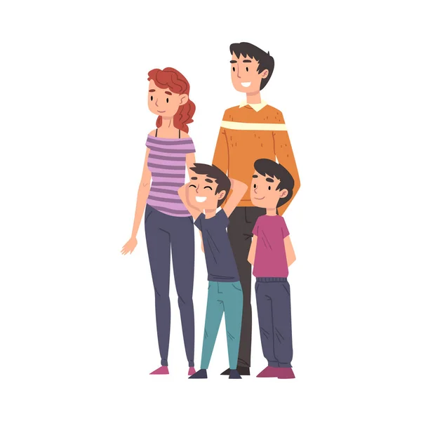 Gelukkig gezin, glimlachende ouders met hun zonen staan samen cartoon stijl vector illustratie op witte achtergrond — Stockvector