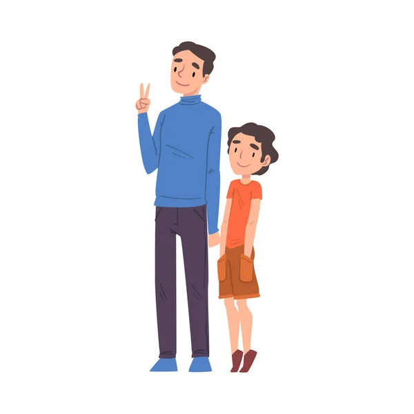 Père et fils joyeux debout ensemble, Papa montrant le signe de la victoire Illustration vectorielle de style bande dessinée sur fond blanc — Image vectorielle