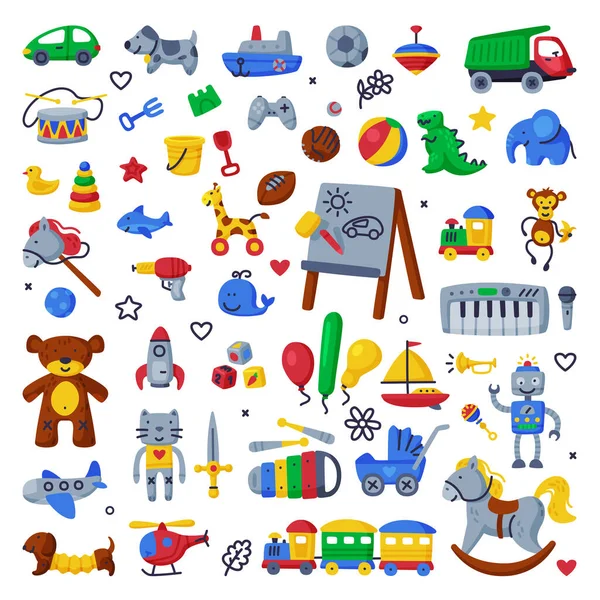 Juego grande de los juguetes de los niños, varios objetos coloridos para el juego de los niños, desarrollo y entretenimiento ilustración vectorial de la historieta — Vector de stock