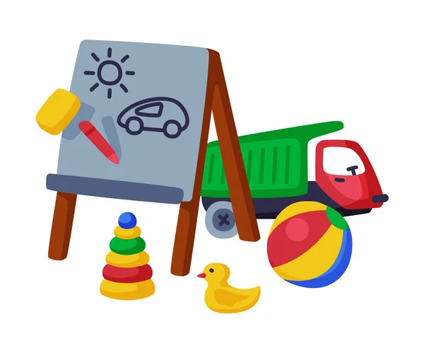 Conjunto de juguetes para bebés, pirámide, caballete, camión, pato, objetos lindos para el desarrollo y entretenimiento de los niños, ilustración vectorial de dibujos animados sobre fondo blanco — Archivo Imágenes Vectoriales