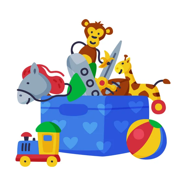 Коробка с детскими игрушками, конем, жирафом, обезьяной, игрушечными милыми предметами для развития детей и развлекательными мультфильмами на белом фоне — стоковый вектор