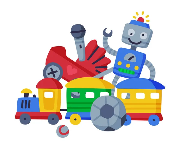 Conjunto de juguetes para bebés, Robot, Pram, Bola, Tren Lindos objetos coloridos para el desarrollo y entretenimiento de los niños Ilustración de vectores de dibujos animados sobre fondo blanco — Archivo Imágenes Vectoriales