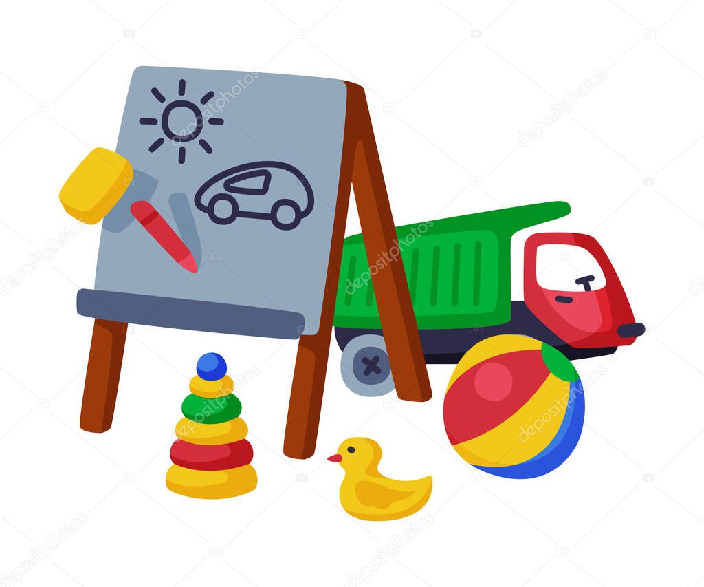 Baby Toys Set, Pyramid, Easel, Truck, Duck Cute Objects for Kids Development and Entertainment Cartoon Vector Illustration on White Background