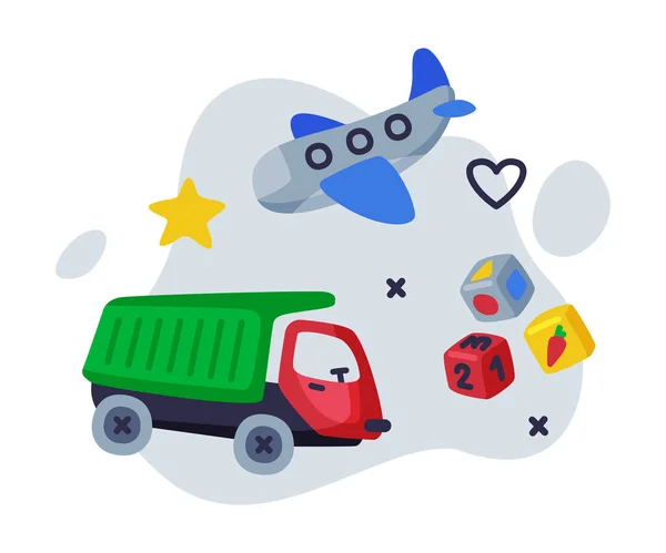 Cute Truck, Airplane, Cubes Baby Toys Set, Kids Game Various Objects Cartoon Vector Illustration — Stock Vector