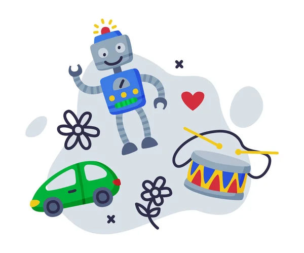 Robot, Coche, Conjunto de juguetes de bebé de tambor, Juego de niños Varios objetos Dibujos animados Vector Ilustración — Vector de stock