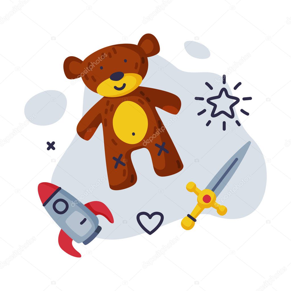 Sword, Teddy Bear Rocket Baby Toys Set, Kids Game Various Objects Cartoon Vector Illustration