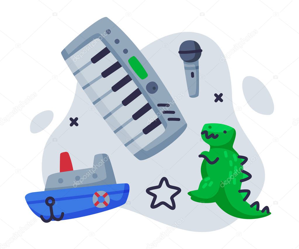 Steamboat, Dinosaur, Piano, Microphone Baby Toys Set, Kids Game Various Objects Cartoon Vector Illustration