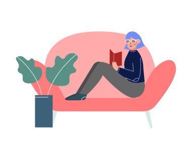 Koltukta Oturan ve Kitap Okuyan Kız, Kadın Koleji veya Üniversite Öğrencisi, Edebiyat Vektörü İllüzyonundan Hoşlanan Genç Kadın