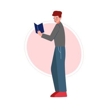 Ayakta Duran ve Okuyan Adam, Erkek Koleji ya da Üniversite Öğrencisi, Edebiyat Vektörü İllüstrasyonunu okuyarak Boş Zaman Harcayan Genç Adam
