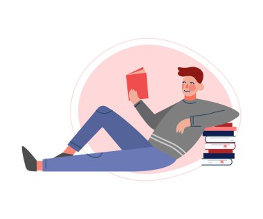 Yerde Oturan ve Kitap Okuyan Adam, Erkek Koleji ya da Üniversite Öğrencisi, Edebiyat Vektörü İllüstrasyonundan Hoşlanan Genç Adam