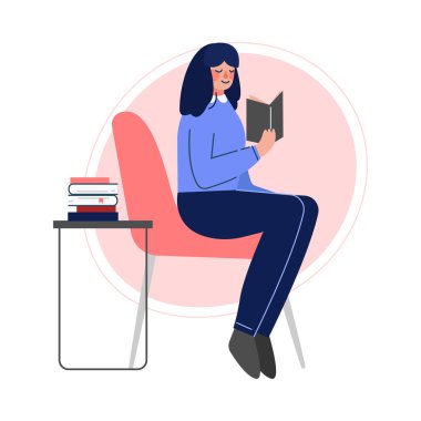 Bir Sandalyede Oturan ve Kitap Okuyan Kız, Kadın Koleji ya da Üniversite Öğrencisi, Edebiyat Vektörü İllüzyonu Okurak Boş Zaman Harcayan Genç Kadın