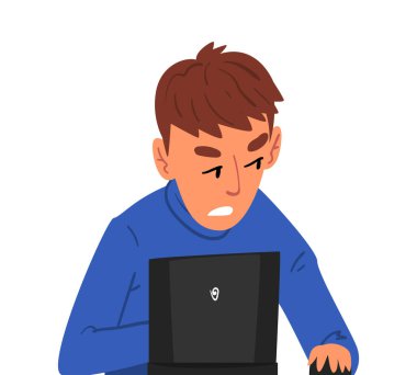 Stresli Erkek Yönetici Bilgisayarın önünde oturan, Beyaz Arkaplan Üzerine Dizüstü Bilgisayar Vektörü İllüstrasyonuyla Çalışan Adam