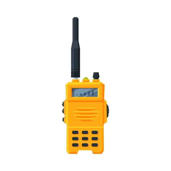 Transmisor de radio amarillo, dispositivo de radio portátil de mano moderno con pantalla e ilustración plana del vector de la antena — Vector de stock