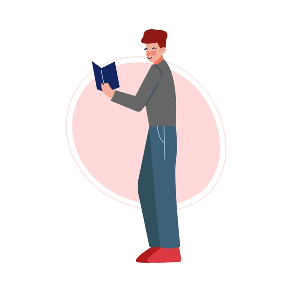 Guy debout et lisant un livre, étudiant masculin au collège ou à l'université, jeune homme passant du temps libre à lire de la littérature Illustration vectorielle — Image vectorielle