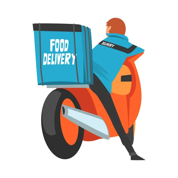 Voedsel Levering Guy Dragen Rugzak Box, Achteraanzicht van Man Courier Karakter op Motorfiets met Pakket op zijn rug, Voedsel Express Levering Service Cartoon Style Vector Illustratie — Stockvector