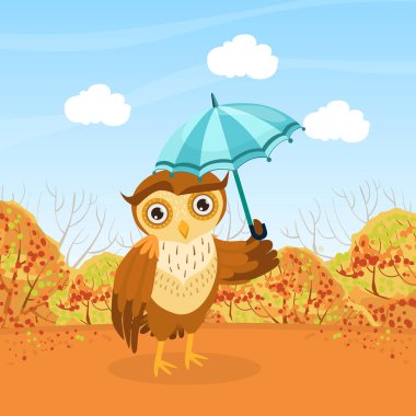 Sevimli Baykuş Karakteri Sonbahar Gününde Şemsiye ile Gezintide Çizgi Film Vektörü İllüzyonu