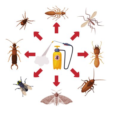 Haşere Kontrol Servisi, Kimyasal Böcek İlacının Baskısı ve Zararlı Böcek Vektörü İllüstrasyonu