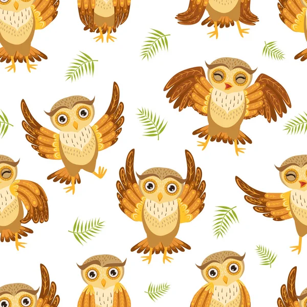 Schattige Uilen Naadloos Patroon, Schattige Uil Vogels Karakters, Materiaal, Wikkel Papier, Website, Behang, Achtergrond Ontwerp Cartoon Vector Illustratie — Stockvector