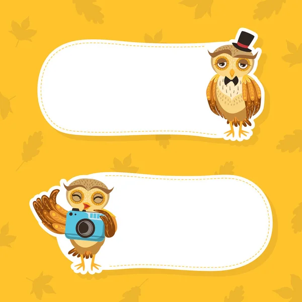 Cute Owls with Place for Your Text Set, Funny Birds Characters with Speech Bubbles Cartoon Vector Illustration — Stockový vektor