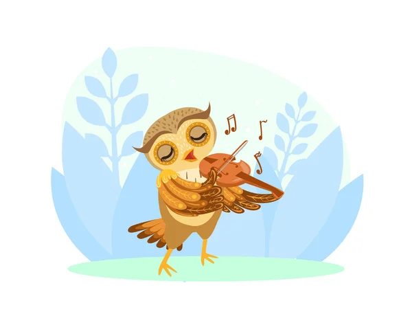 愛らしいフクロウの鳥キャラクターがバイオリンの漫画のベクトルイラストをプレイ — ストックベクタ