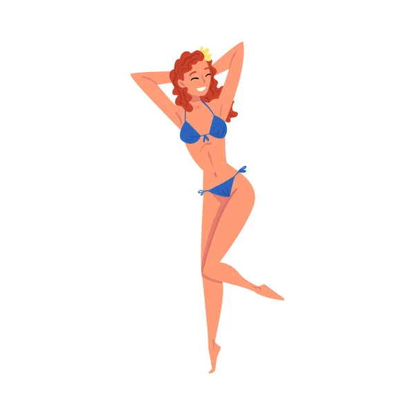 Smiling Beautiful Woman in Bikini Dancing at Swimming Pool Party Cartoon Style Vector Illustration on White Background — Stock Vector