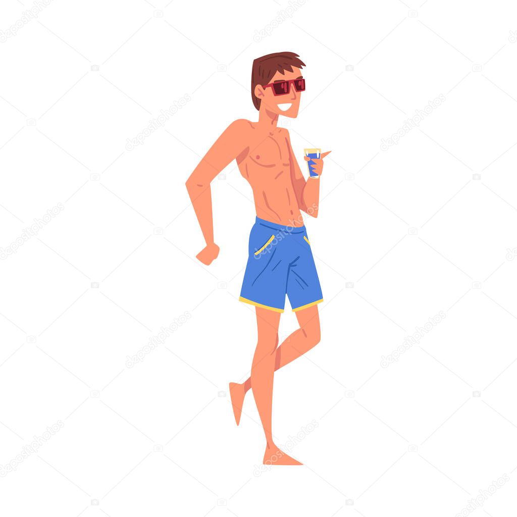 Happy Young Man Drinking Cocktail Enjoying Summer Vacation Cartoon Style Vector Illustration on White Background